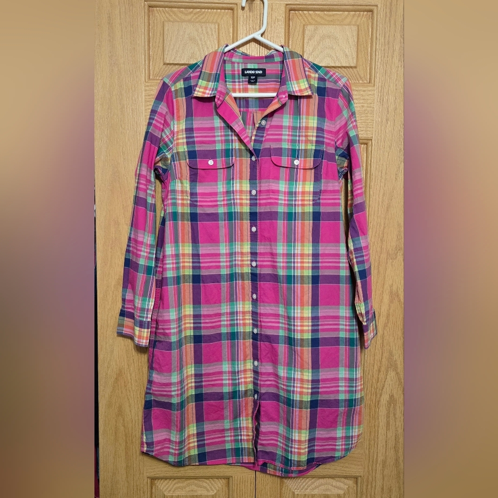 Lands' End Pink Plaid Long Sleeve Dress